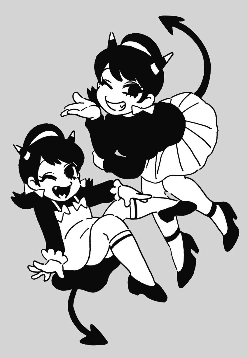 2girls, aged_down, black_hair, child, demon_girl, demon_horns, demon_tail, dress