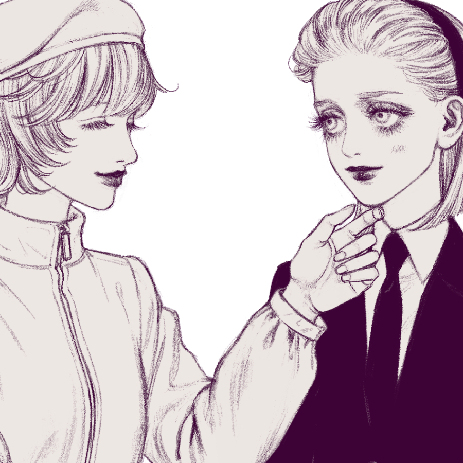 2girls, beanie, bella_scottland, black_suit, blonde_hair, blush, borksen_(hunter_x_hunter), closed_eyes