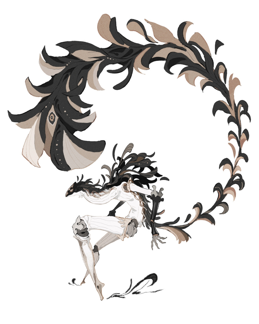 1boy, absurdres, feather_tails, feathers, from_side, full_body, highres, hunched_over