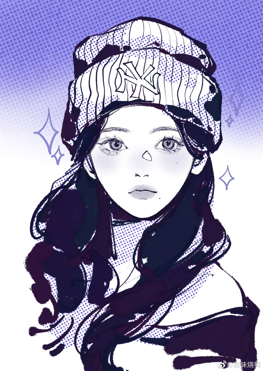 1girl, absurdres, aespa, animification, beanie, blue_theme, chinese_commentary, expressionless