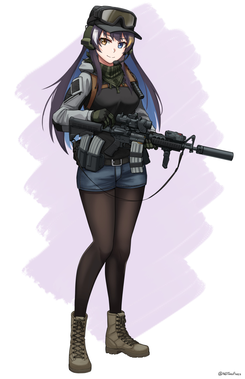 1girl, absurdres, assault_rifle, black_gloves, black_hair, black_headwear, blue_eyes, blue_hair