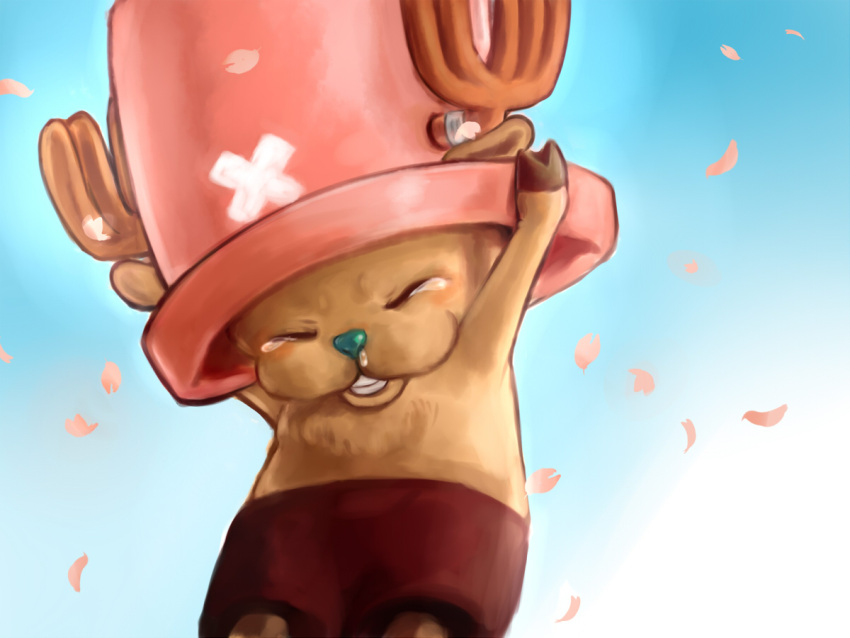 \o/, cherry_blossoms, hat, nokonokoro, one_piece, outstretched_arms, tears, tony_tony_chopper