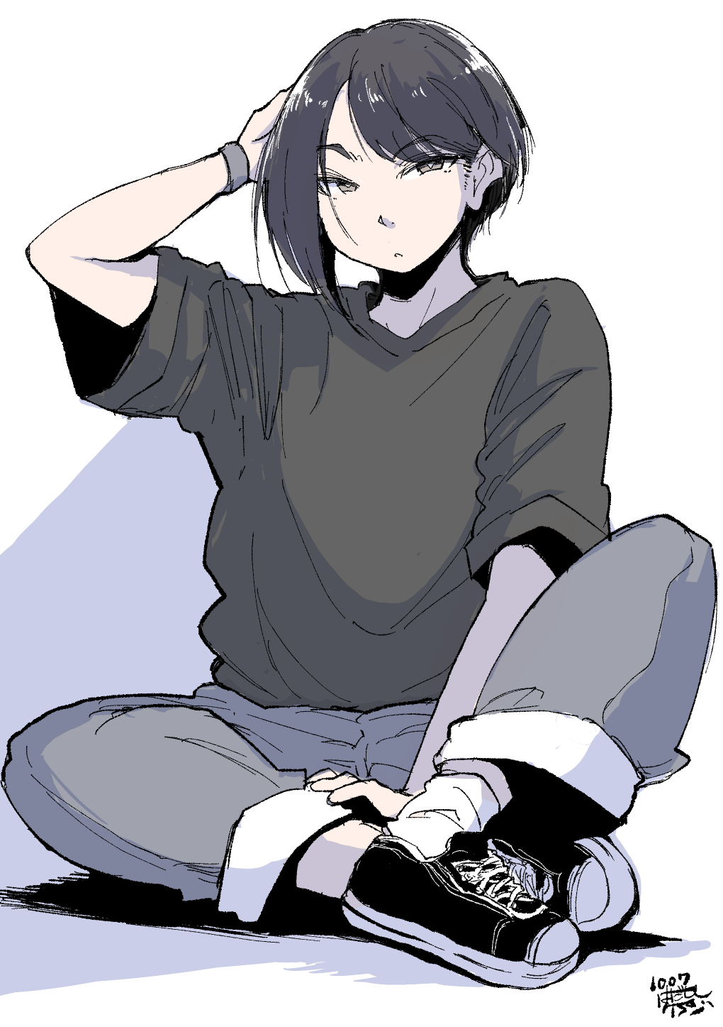 1girl, arm_up, black_footwear, black_shirt, dated, full_body, grey_pants, hadashi_no_kenji