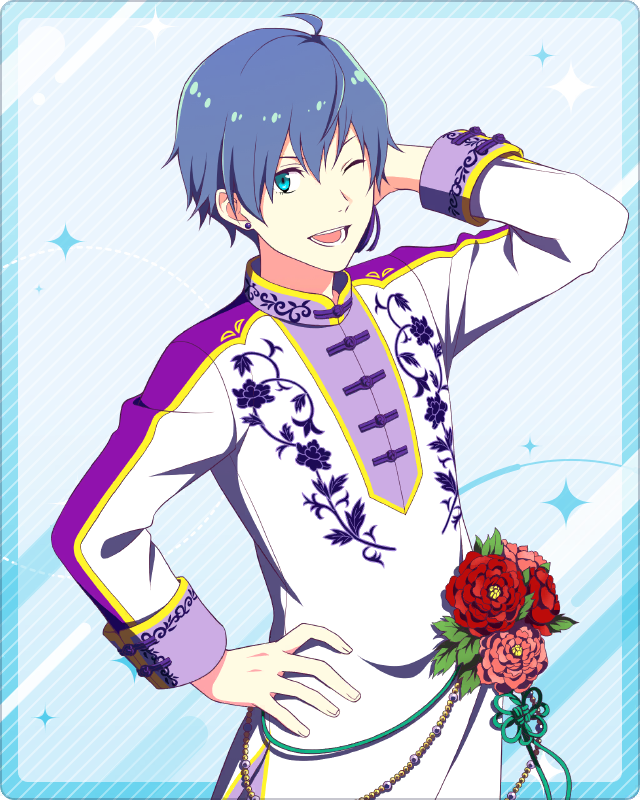 1boy, amamine_shu, blue_eyes, blue_hair, earrings, fingernails, floral_print, flower