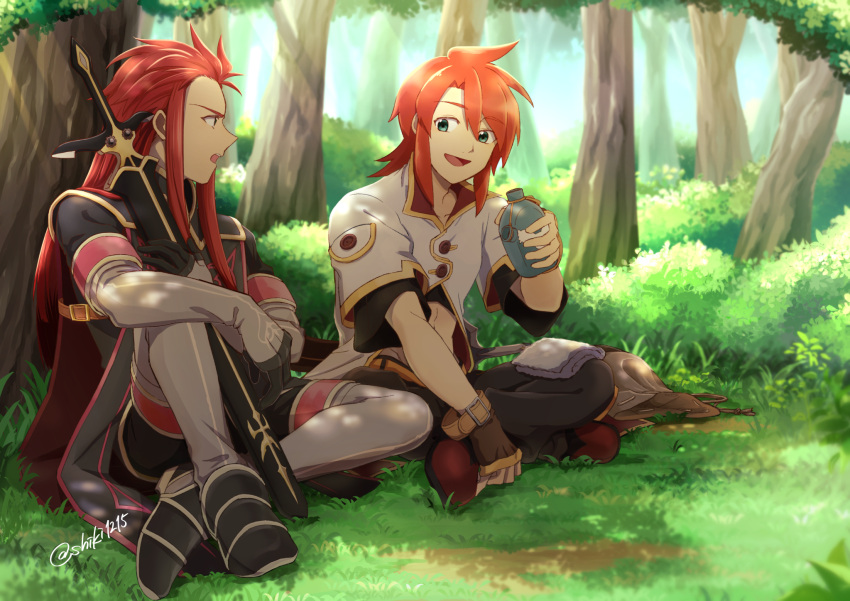 2boys, asch_(tales), black_cape, black_jacket, black_pants, black_shirt, boots, bottle