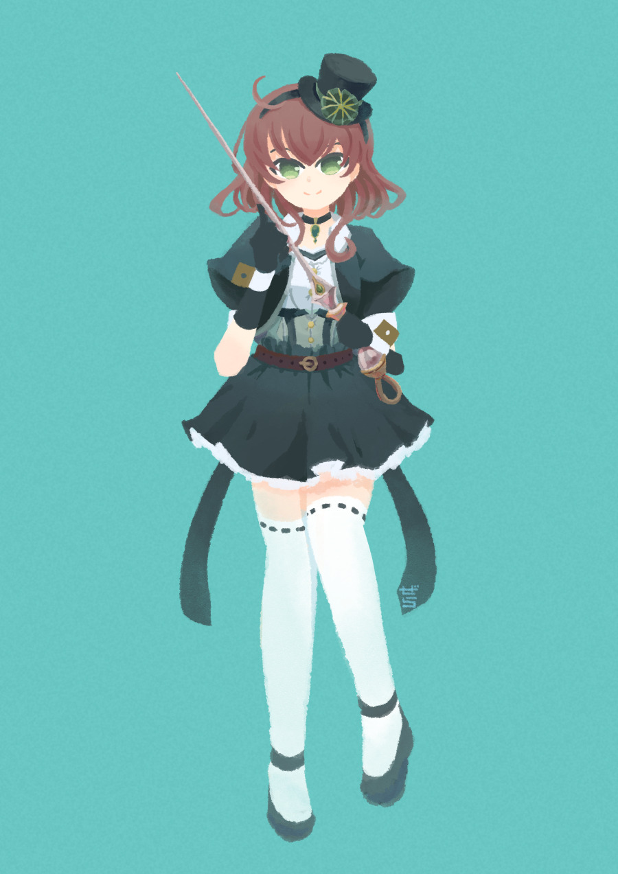 1girl, ahoge, aqua_background, artist_name, back_bow, belt, bow, brown_belt