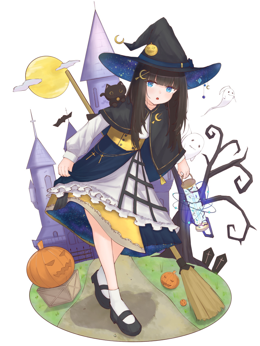 1girl, :o, absurdres, animal_on_shoulder, black_cat, black_footwear, black_hair, blue_eyes