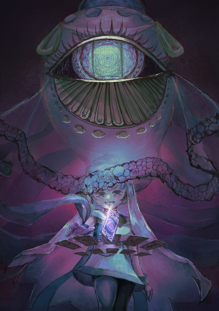 1girl, absurdres, anna_mel, arm_at_side, black_pantyhose, card, cowboy_shot, dark, doppel_(madoka_magica), dress, etteilla_(madoka_magica), evil_grin, evil_smile, gera-magia, grin, highres, looking_at_viewer, magia_record:_mahou_shoujo_madoka_magica_gaiden, mahou_shoujo_madoka_magica, pantyhose, pink_background, ponytail, reaching_towards_viewer, short_dress, short_sleeves, sidelocks, smile, solo, third-party_source, veil, white_dress, wrist_cuffs