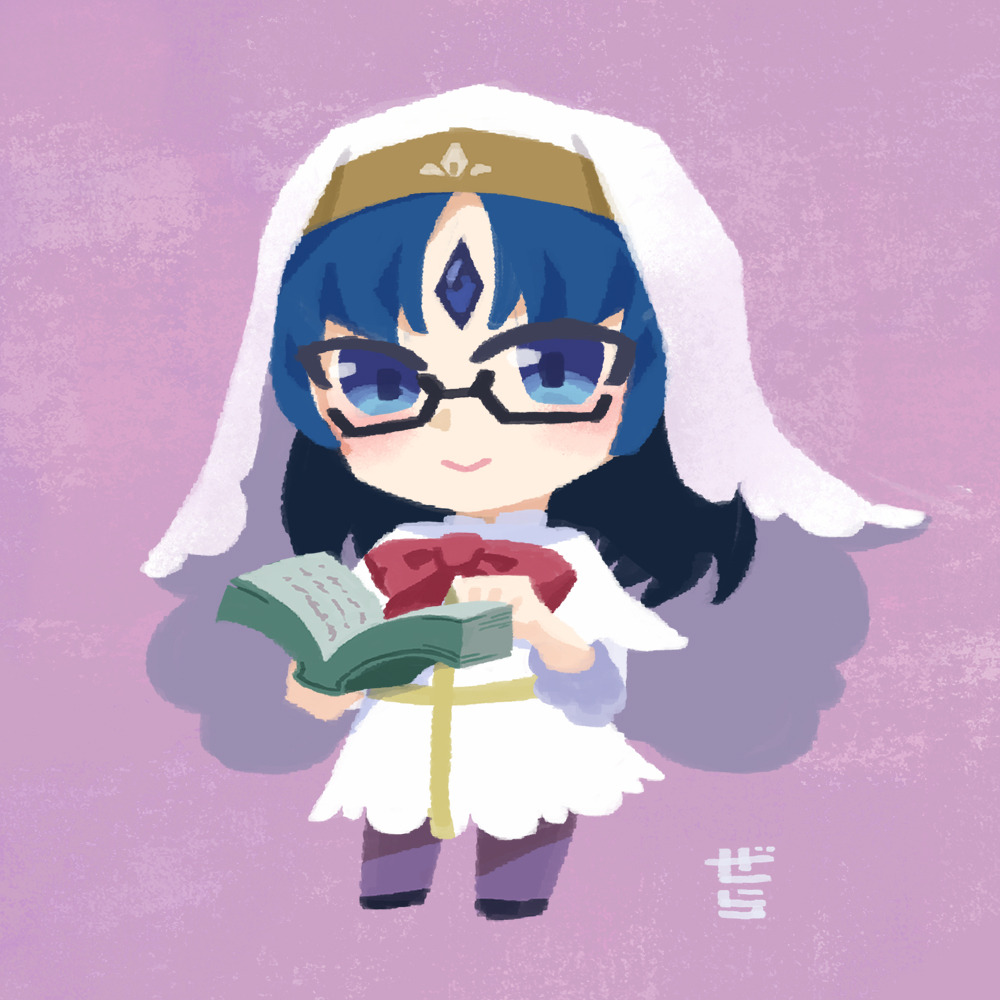 1girl, artist_name, black-framed_eyewear, black_footwear, blue_gemstone, blue_hair, blush, book