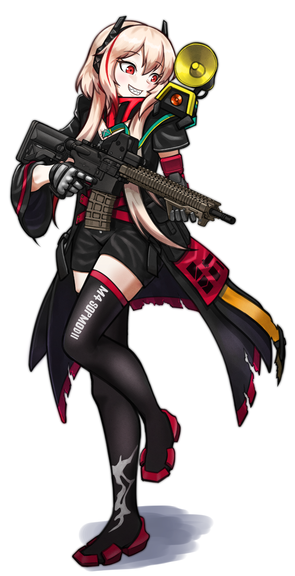 1girl, ammunition_pouch, android, angled_foregrip, assault_rifle, banana_(girls'_frontline), black_coat, black_shirt, black_shorts, black_thighhighs, blonde_hair, character_name, coat, full_body, girls_frontline, gloves, grin, gun, hair_between_eyes, headband, highres, holding, holding_weapon, long_hair, long_sleeves, looking_at_another, m4_carbine, m4_sopmod_ii_(girls'_frontline), mechanical_arms, megaphone, missileer, mod3_(girls'_frontline), multicolored_hair, non-humanoid_robot, pouch, red_eyes, red_footwear, redhead, rifle, robot, sharp_teeth, shirt, short_sleeves, shorts, sight, simple_background, single_glove, single_mechanical_arm, sitting_on_shoulder, smile, streaked_hair, teeth, thigh-highs, very_long_hair, weapon