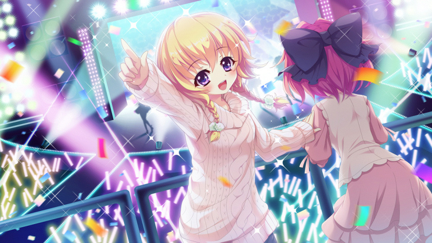 5girls, against_railing, black_bow, blonde_hair, bow, braid, breasts, catwalk_(modeling), colored_lights, concert, confetti, crowd, dot_nose, dress, film_grain, game_cg, glowstick, hair_bow, hand_on_another's_shoulder, hasegawa_mii, hiiragi_kae, idol, izumi_tsubasu, large_bow, looking_at_viewer, multiple_girls, non-web_source, official_art, open_mouth, pink_dress, pink_hair, pink_skirt, pointing, railing, re:stage!, screen, short_hair, silhouette, skirt, small_breasts, smile, solo_focus, sparkle, sparkling_eyes, speaker, stage, stage_lights, star_(symbol), sweater, teeth, twin_braids, upper_teeth_only, violet_eyes, white_sweater