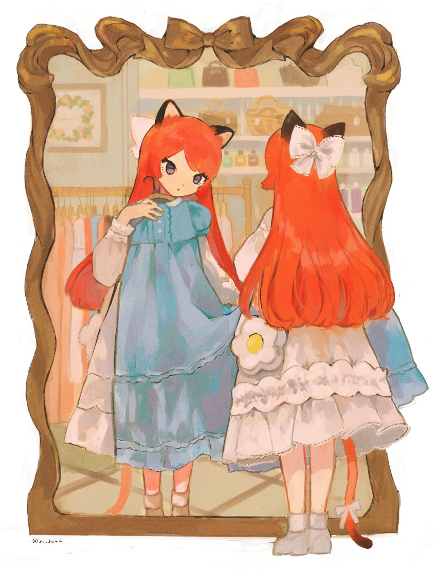 1girl, animal_ears, bag, basket, blue_dress, bow, clothes_rack, commentary_request, dot_nose, dress, flower, frilled_dress, frills, grey_bow, grey_dress, grey_footwear, hair_bow, hand_up, highres, holding, holding_clothes, holding_dress, long_hair, looking_at_mirror, mirror, myu_(3u_gumi), orange_hair, orange_tail, original, parted_lips, picture_frame, reflection, ribbon, tail, tail_ornament, tail_ribbon, twitter_username, violet_eyes