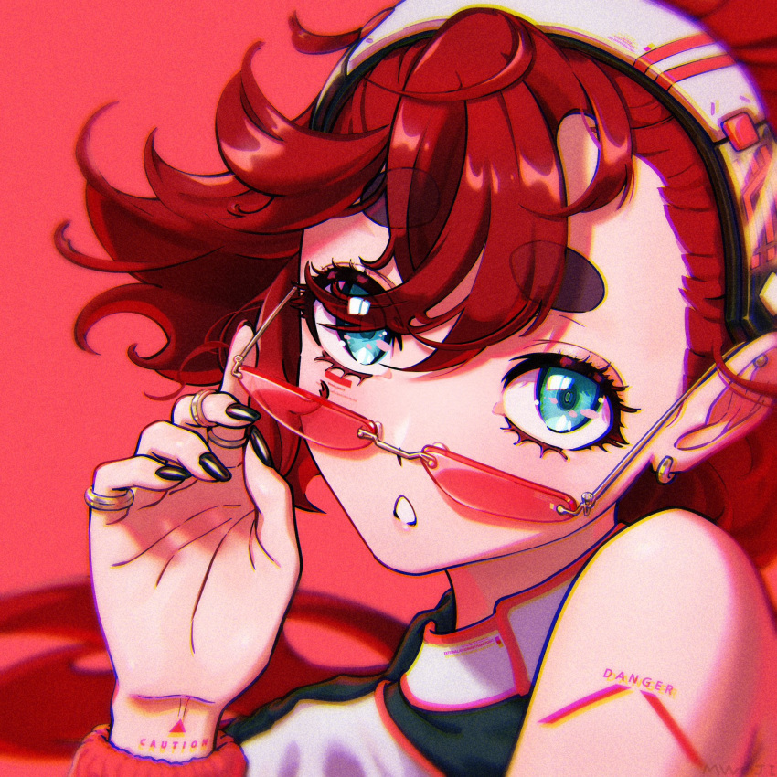 1girl, :o, asymmetrical_bangs, bare_shoulders, black_nails, blue_eyes, body_writing, earrings, english_commentary, eyelashes, eyeshadow, eyewear_pull, facial_mark, flipped_hair, glasses, gundam, gundam_suisei_no_majo, hairband, hand_on_eyewear, hand_up, highres, jewelry, korean_commentary, lipstick, long_hair, looking_at_viewer, makeup, mixed-language_commentary, multiple_rings, mwoji, nail, portrait, red-tinted_eyewear, red_background, redhead, rimless_eyewear, ring, short_eyebrows, simple_background, solo, suletta_mercury, tinted_eyewear