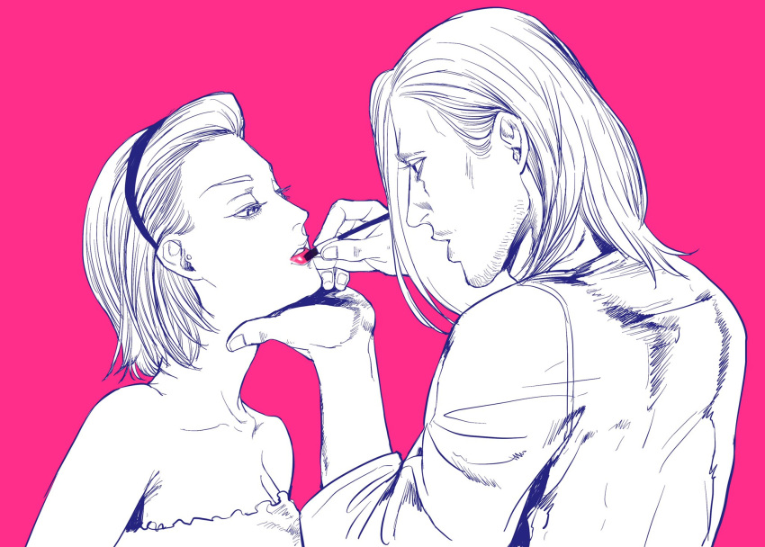 1boy, 1girl, almostghost, applying_makeup, blonde_hair, facial_hair, hair_slicked_back, hairband