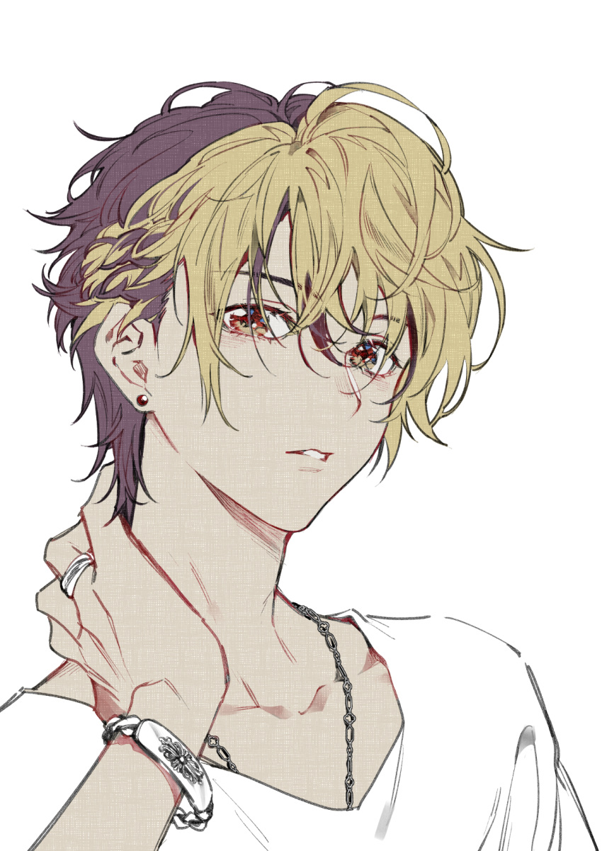 1boy, black_hair, blonde_hair, bracelet, collarbone, dyed_bangs, hair_over_eyes, hand_on_own_neck