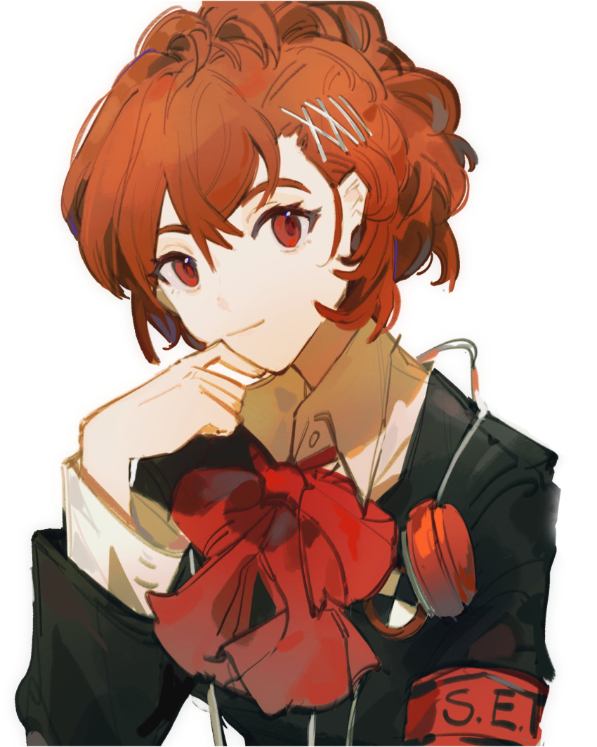 1girl, absurdres, armband, black_jacket, bow, bowtie, brown_eyes, brown_hair