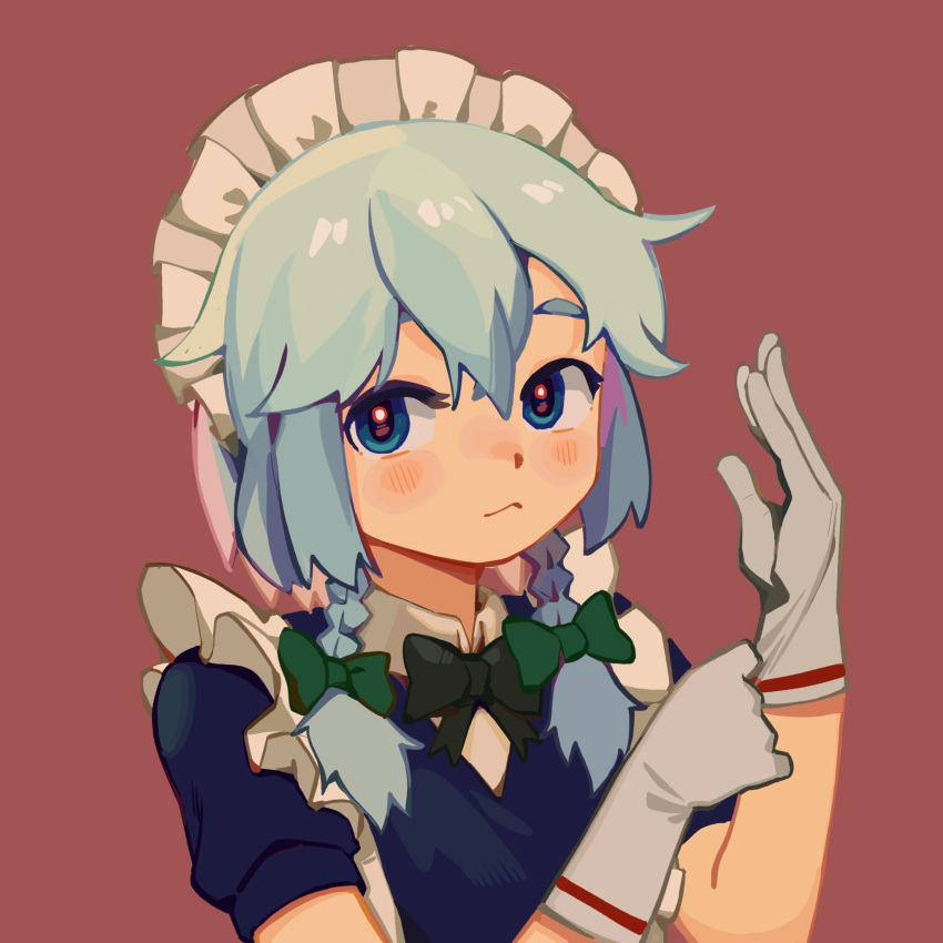 1girl, apron, black_bow, black_bowtie, blue_eyes, blue_hair, blue_shirt, bow