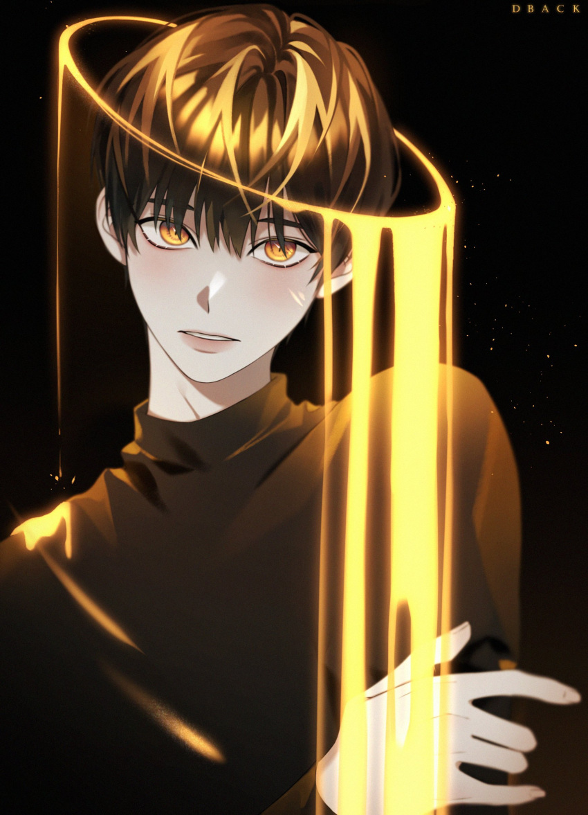 1boy, absurdres, artist_name, black_background, black_shirt, blonde_hair, blurry, brown_hair