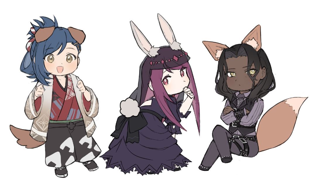 1girl, 2boys, animal_ears, black_hair, blue_hair, dark-skinned_male, dark_skin, dog_ears