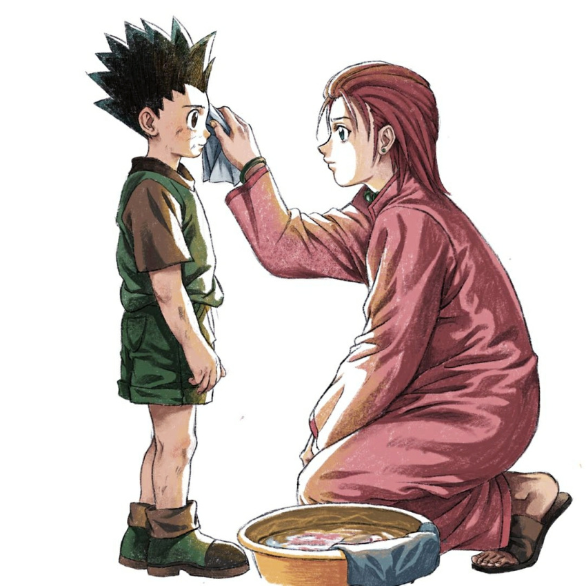 1boy, 1girl, ankle_boots, aunt_and_nephew, bangle, basin, black_hair, boots