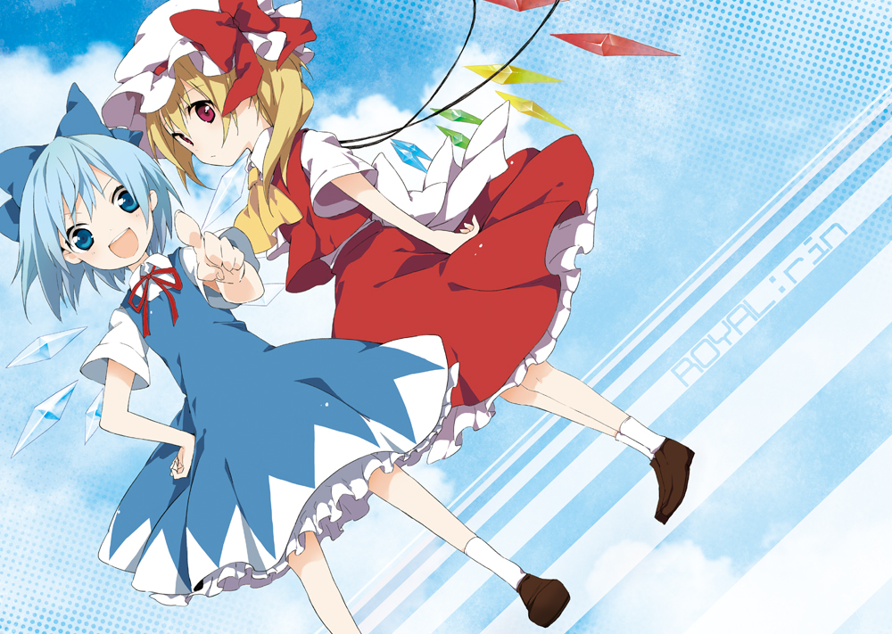 blonde_hair, blue_eyes, blue_hair, bow, cirno, cravat, dress, dutch_angle