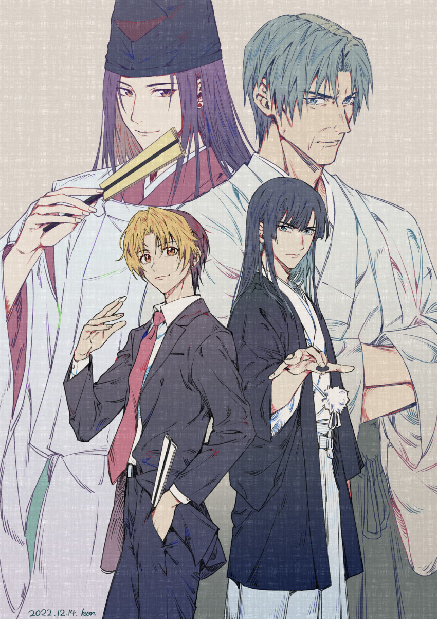 4boys, alternate_hair_length, alternate_hairstyle, back-to-back, belt, black_hair, black_headwear, black_jacket