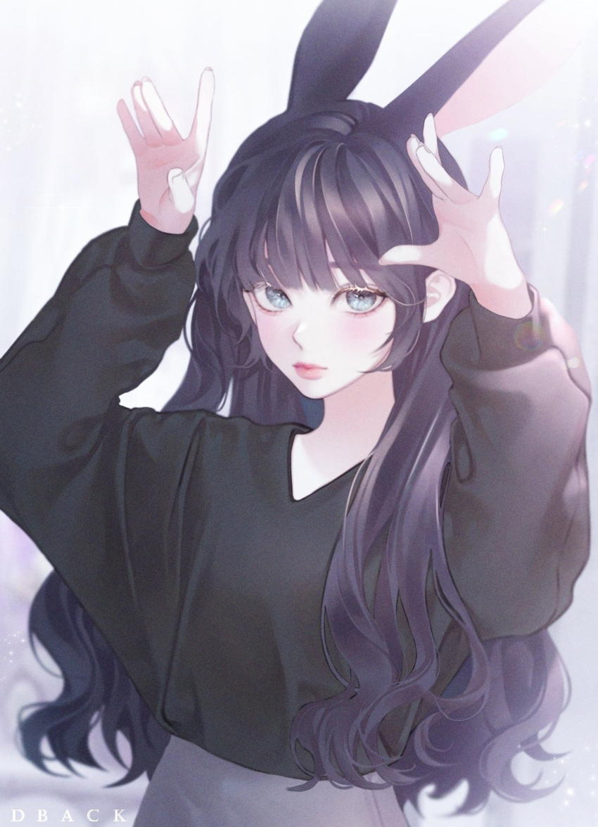 1girl, animal_ears, arms_up, artist_name, black_sweater, blue_eyes, closed_mouth, dback