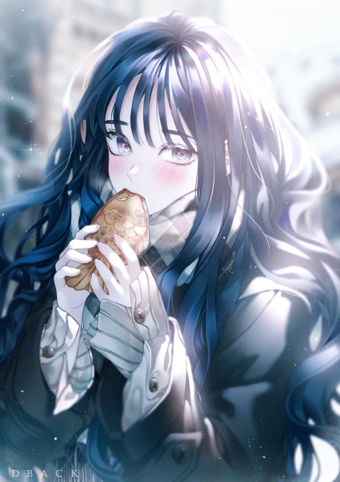 1girl, argyle, argyle_scarf, artist_name, biting, black_coat, blue_hair, blurry