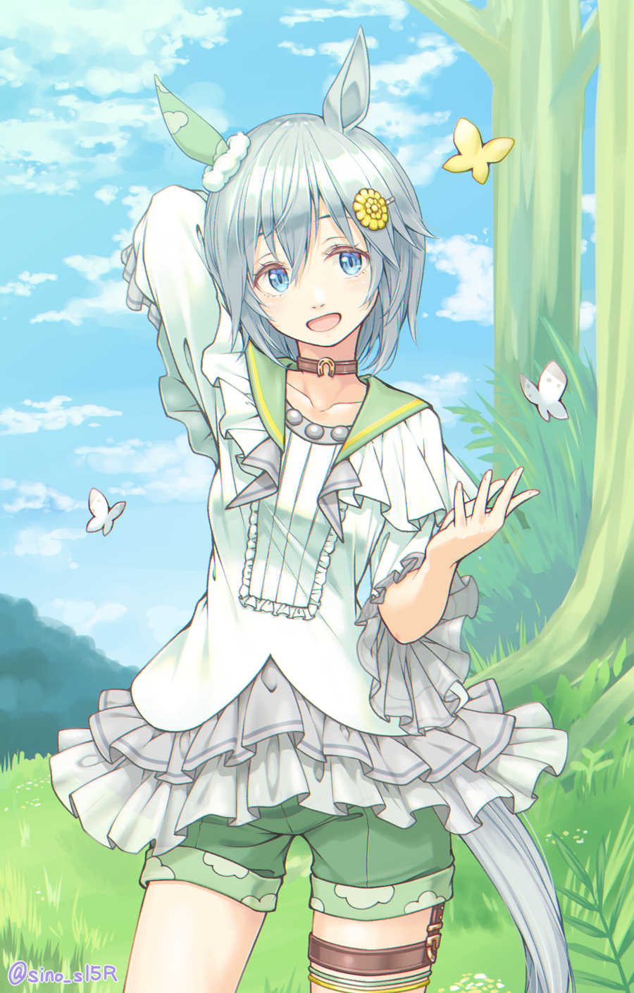 1girl, arm_behind_head, blue_eyes, blue_sky, blush, breasts, brown_choker, bug