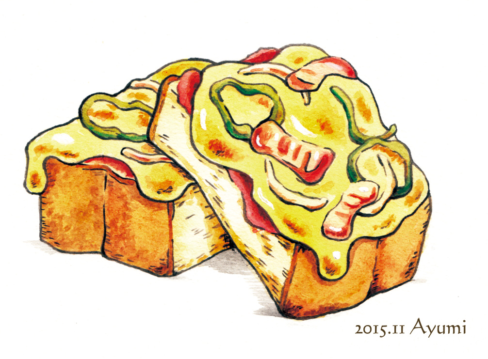 bell_pepper_slice, bread, cheese, dated, food, food_focus, momonga311036, no_humans
