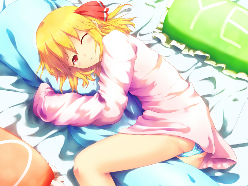 bed, blonde_hair, blue_panties, bottomless, dakimakura, dakimakura_(object), hair_ribbon, highres