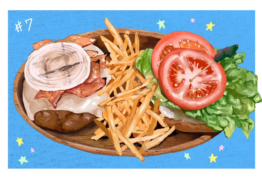 bacon, blue_background, cheese, food, food_focus, french_fries, highres, lettuce, meat, no_humans, numbered, original, plate, simple_background, star_(symbol), still_life, takisou_sou