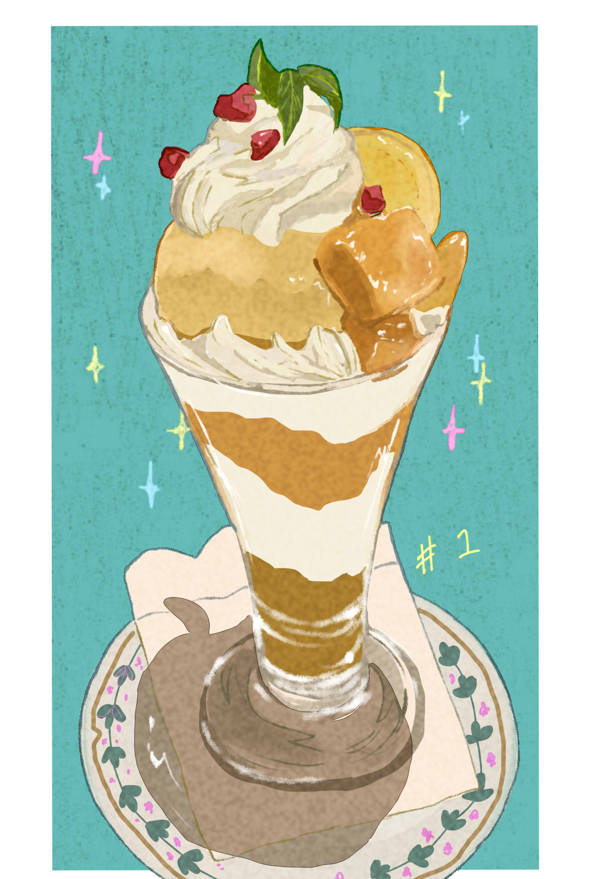 aqua_background, food, food_focus, highres, napkin, no_humans, numbered, original, parfait, plate, shadow, simple_background, sparkle, still_life, takisou_sou, whipped_cream