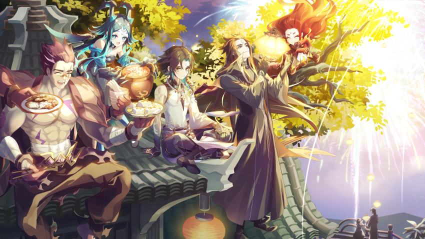 3girls, 4boys, :d, ^_^, abs, absurdres, adeptus'_temptation_(genshin_impact), aerial_fireworks