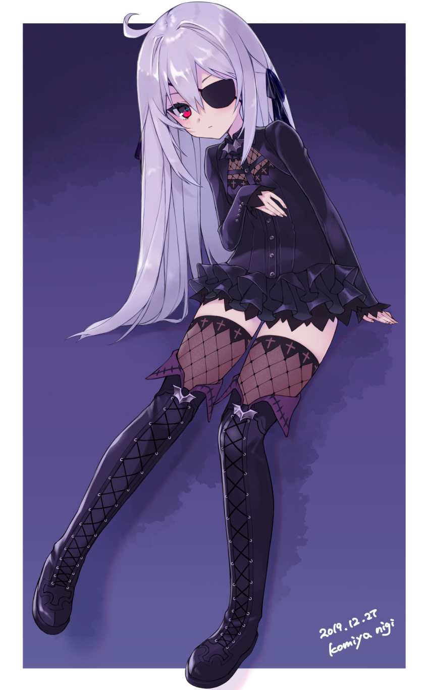 1girl, ahoge, arm_support, bat_ornament, black_dress, black_footwear, black_ribbon, boots
