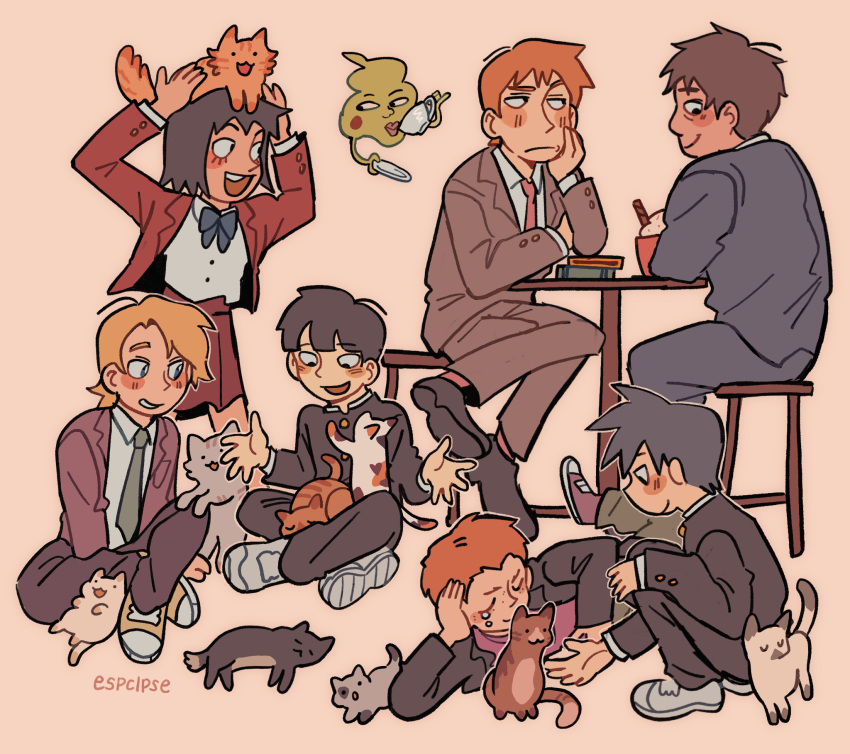 1girl, 6+boys, animal, animal_on_head, animal_on_lap, artist_name, black_eyes, black_footwear