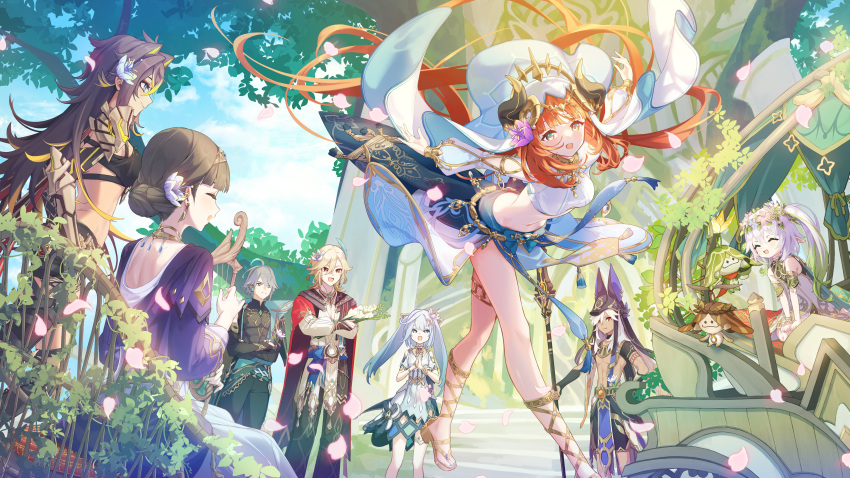 3boys, 5girls, ^_^, absurdres, ahoge, alhaitham_(genshin_impact), animal_ears, animal_hat