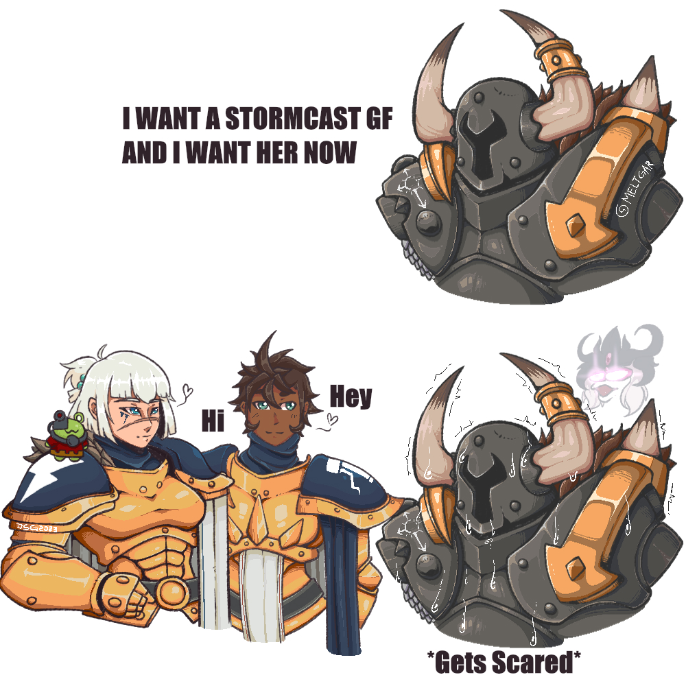 1boy, 2girls, adeptus_mechanicus, armor, brown_hair, chaos_(warhammer), chibi, dark_skin