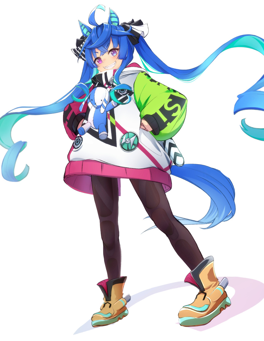 1girl, absurdres, ahoge, animal_ears, ankle_boots, aqua_hair, black_bodysuit, black_ribbon, blue_eyes, blue_hair, bodysuit, boots, commentary, drawstring, full_body, grin, hair_ribbon, hands_on_own_hips, heterochromia, highres, hood, hood_down, hooded_coat, horse_ears, horse_girl, horse_tail, long_hair, long_sleeves, looking_at_viewer, messy_hair, multicolored_coat, ribbon, sankon_(choko-noki), sharp_teeth, sidelocks, simple_background, smile, solo, standing, stuffed_animal, stuffed_rabbit, stuffed_toy, tail, teeth, twin_turbo_(umamusume), twintails, umamusume, very_long_hair, violet_eyes, white_background, wind, yellow_footwear