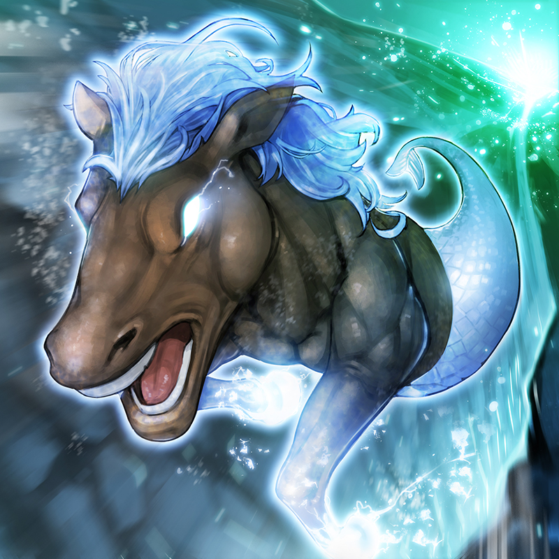 blue_eyes, duel_monster, eye_trail, glowing, glowing_eyes, hippocamp, light_trail, no_humans