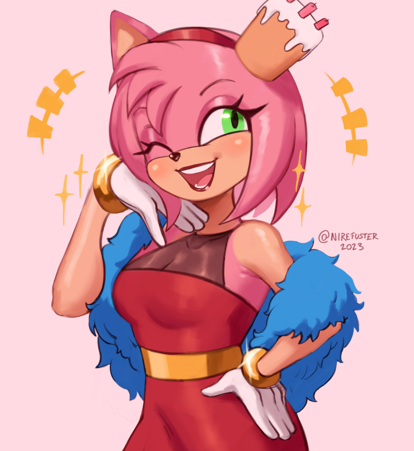 1girl, absurdres, alternate_costume, amy_rose, artist_name, cake, dated, dress, food, furry, furry_female, gloves, hand_on_own_hip, highres, nire_(nirefuster), one_eye_closed, open_mouth, pink_background, red_dress, simple_background, solo, sonic_(series), teeth, the_murder_of_sonic_the_hedgehog, watermark, white_gloves