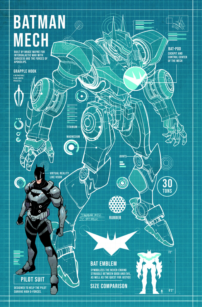 1boy, 2022, absurdres, artist_name, assault_visor, batman, batman_(series), black_bodysuit, blue_background, blueprint_(medium), bodysuit, character_name, clenched_hands, comic_cover, cover_image, dan_mora, dc_comics, english_commentary, english_text, frown, grid_background, highres, mask, mecha, official_art, open_hands, power_armor, robot, science_fiction, size_comparison, standing, superhero