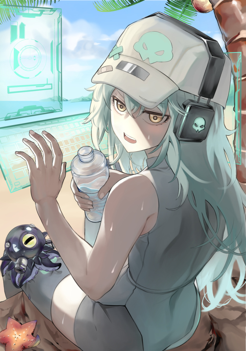 1girl, antonina_(girls'_frontline_nc), aqua_hair, baseball_cap, beach, black_shorts, black_thighhighs, bottle, creature, from_behind, girls'_frontline_neural_cloud, girls_frontline, hat, headphones, highres, holographic_interface, looking_at_viewer, looking_back, open_mouth, outdoors, palm_tree, shirt, shorts, sitting, skull_print, sleeveless, sleeveless_shirt, solo, starfish, sweat, thigh-highs, tree, water_bottle, white_headwear, whoseit, yellow_eyes