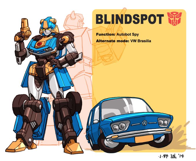 1girl, 2014, artist_name, autobot, back-to-back, bumblebee_(transformers), car, character_name, drifting, english_commentary, full_body, gun, hand_on_own_hip, holding, holding_gun, holding_weapon, horns, makoto_ono, mecha, motor_vehicle, no_humans, original, robot, science_fiction, standing, transformers, volkswagen, volkswagen_brasilia, weapon