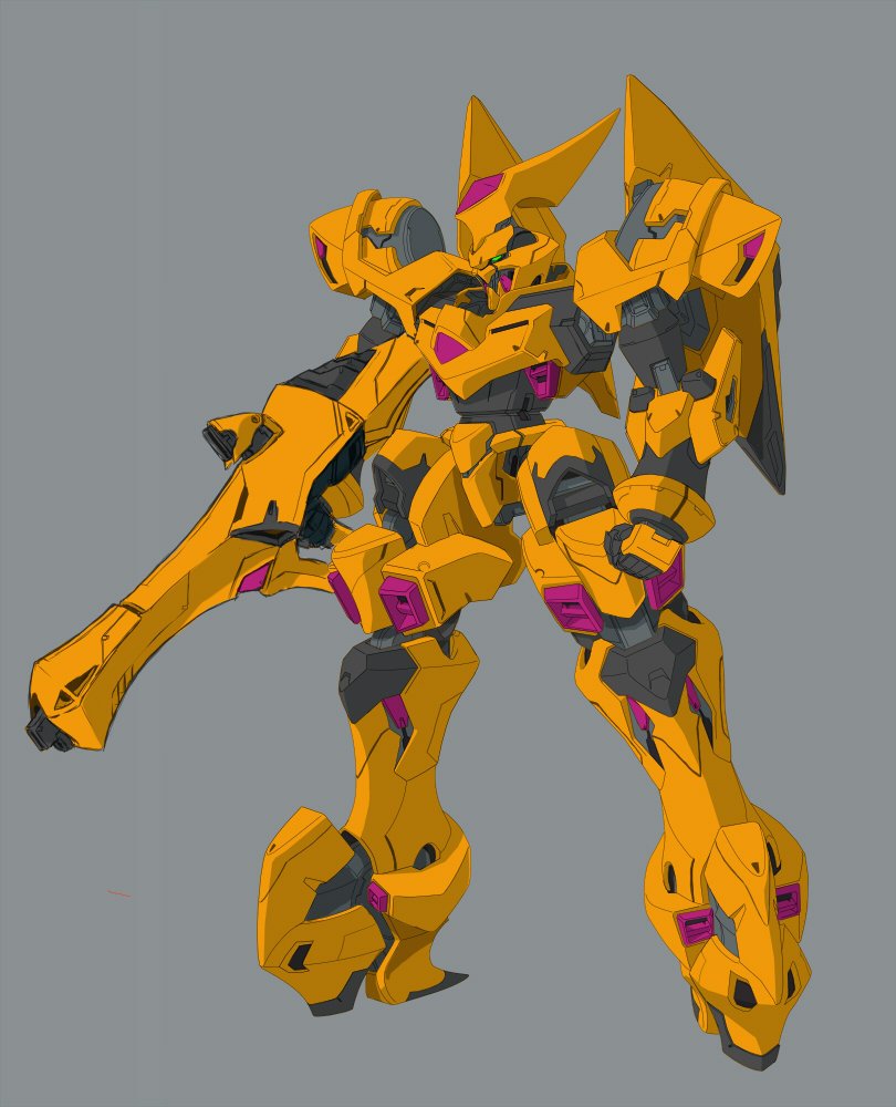 clenched_hand, full_body, green_eyes, gun, holding, holding_gun, holding_weapon, mecha, no_humans, robot, science_fiction, super_robot_wars, super_robot_wars_judgement, super_robot_wars_og_moon_dwellers, super_robot_wars_original_generation, tuyu, vorlent, weapon