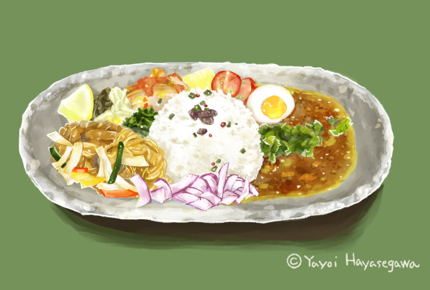 artist_name, curry, egg_(food), food, food_focus, green_background, hayasegawayayoi, highres