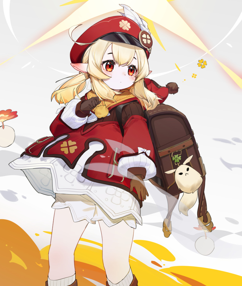 1girl, ahoge, bag_charm, brown_gloves, brown_scarf, cabbie_hat, charm_(object), clover_print, coat, dodoco_(genshin_impact), genshin_impact, gloves, hair_between_eyes, hat, hat_feather, highres, klee_(genshin_impact), light_brown_hair, long_hair, long_sleeves, low_twintails, mzgr3454, pointy_ears, red_coat, red_headwear, scarf, twintails