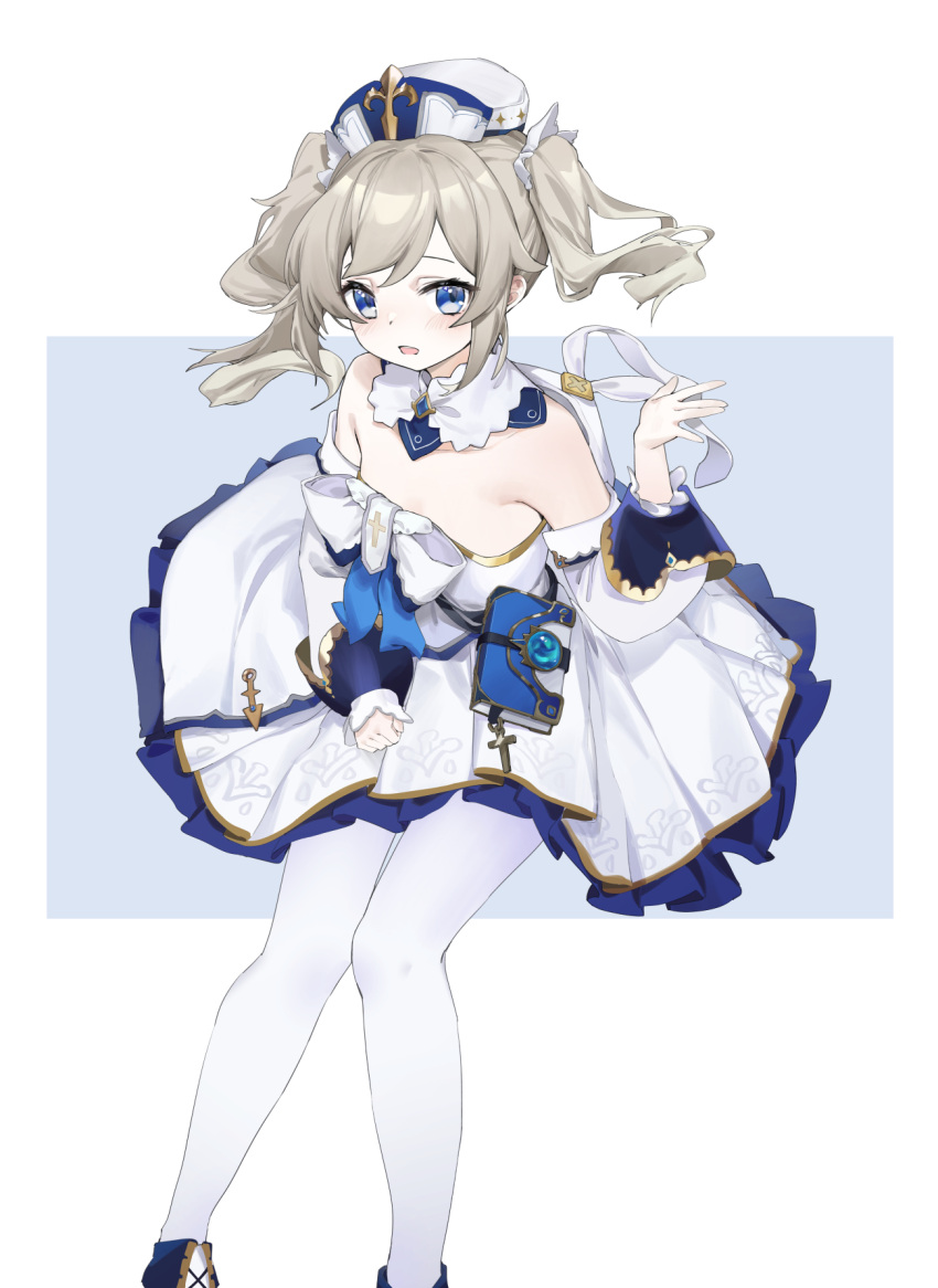 1girl, barbara_(genshin_impact), blonde_hair, blue_eyes, book_holster, cross, dress, drill_hair, genshin_impact, highres, latin_cross, looking_at_viewer, mzgr3454, open_mouth, pantyhose, solo, twin_drills, twintails, white_dress, white_headwear, white_pantyhose