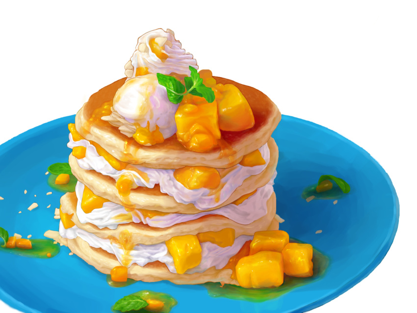 butayaro1, food, food_focus, fruit, highres, leaf, mango, no_humans, original, pancake, pancake_stack, plate, simple_background, still_life, syrup, whipped_cream, white_background