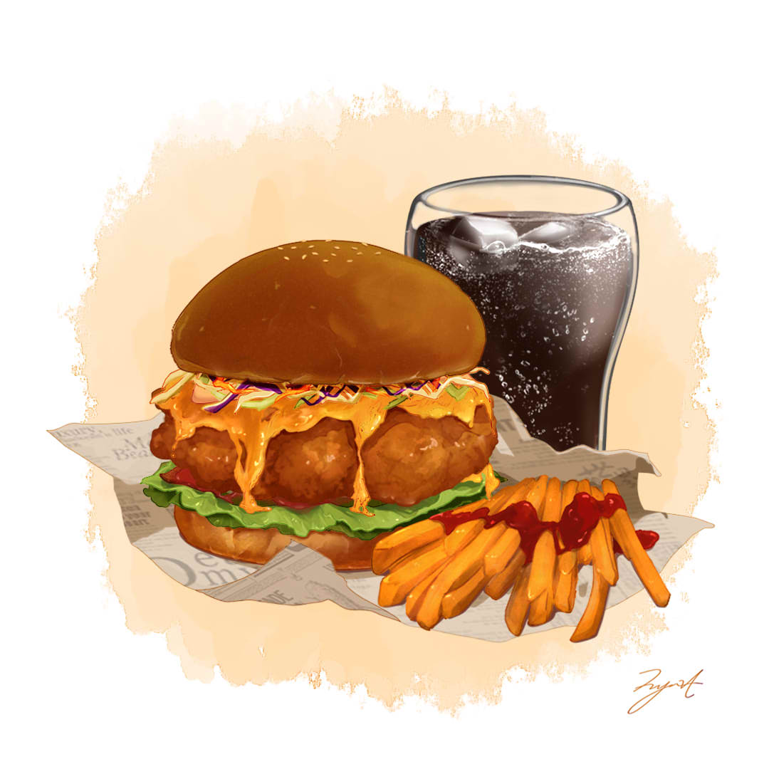 burger, cheese, food, food_focus, french_fries, ketchup, lettuce, no_humans, orange_background, original, signature, still_life, user_wkax8822
